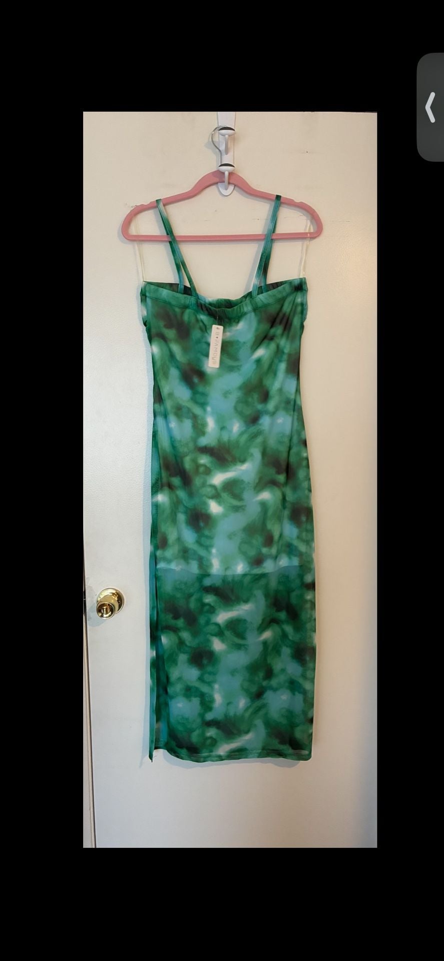 B. Famous NYC Women's Ruched Mesh Spaghetti Strap Midi Dress in Green Tie-Dye 3