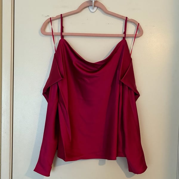 I.N.C. International Concepts Hot Pink Satin Cold Shoulder Cowl Neck Blouse Long Sleeve 