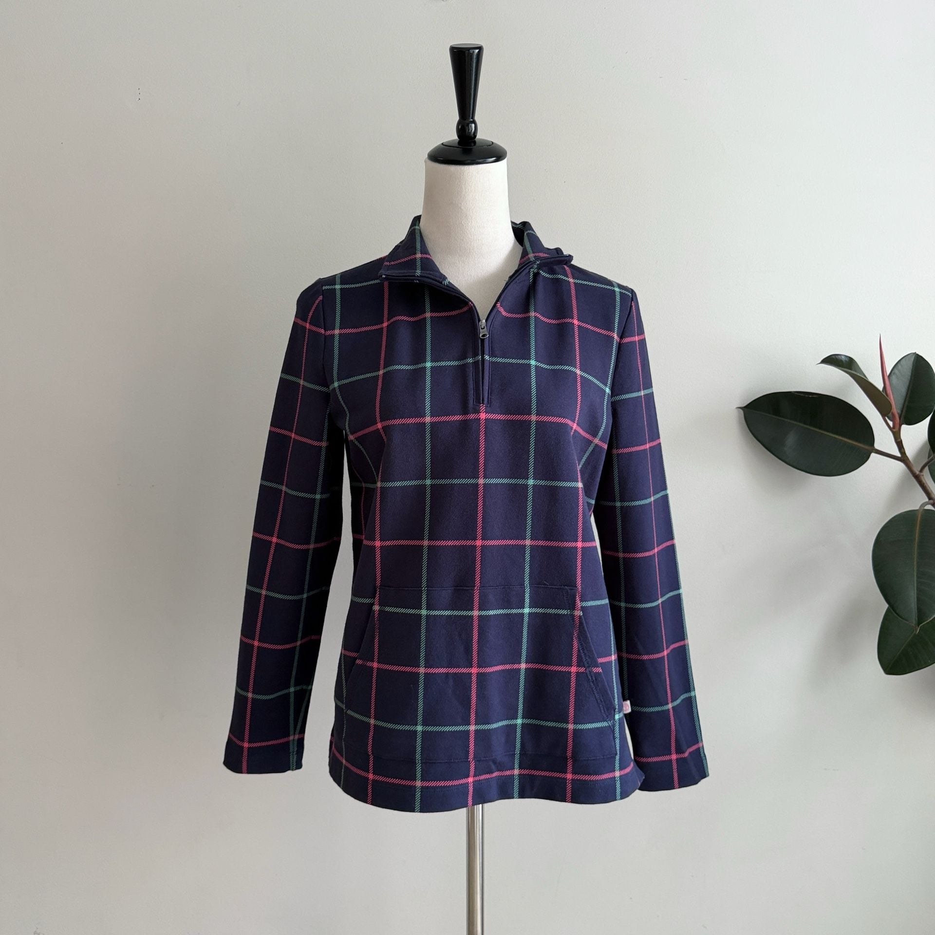 T by Talbots Navy Blue Windowpane Plaid Quarter Zip Pullover 3