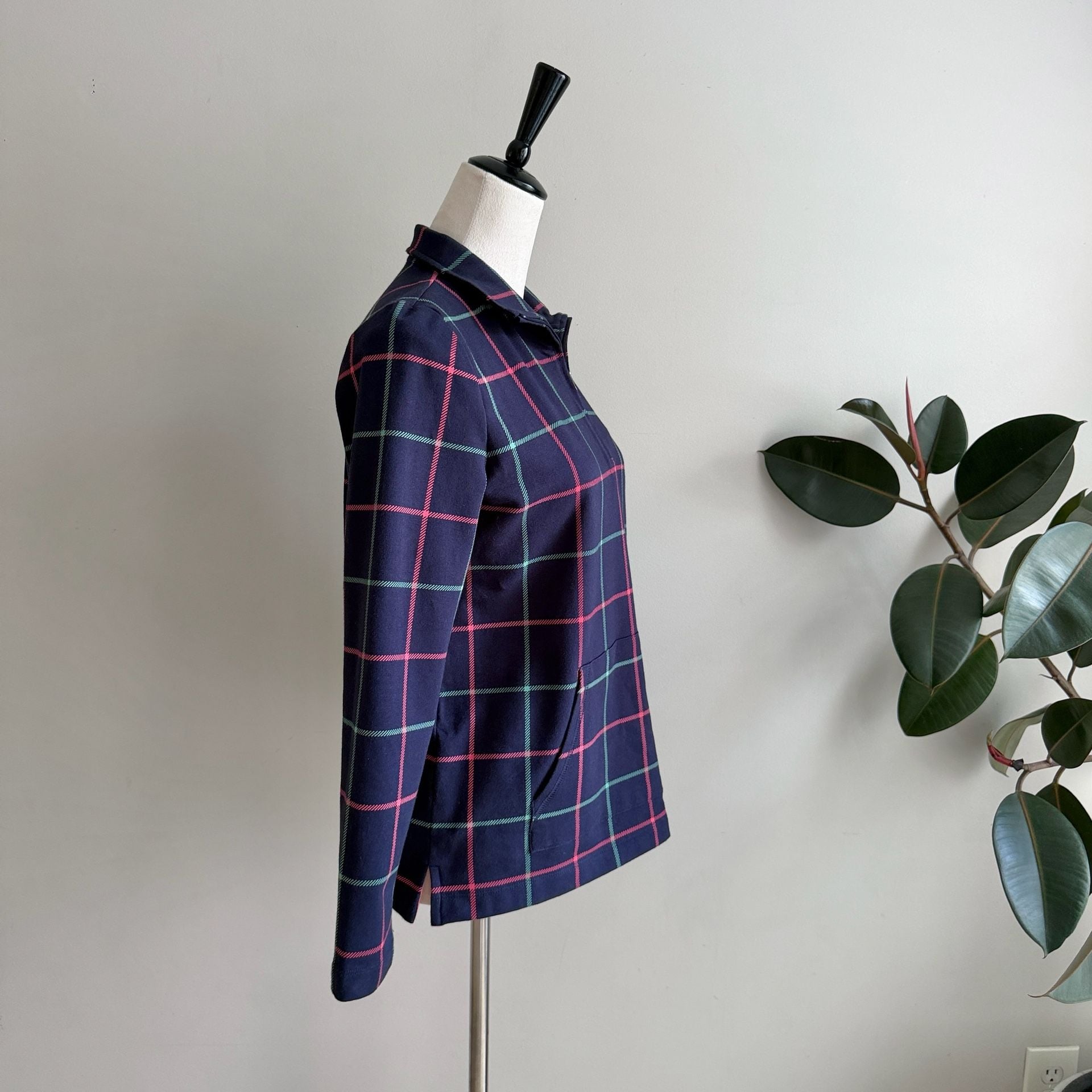 T by Talbots Navy Blue Windowpane Plaid Quarter Zip Pullover 5
