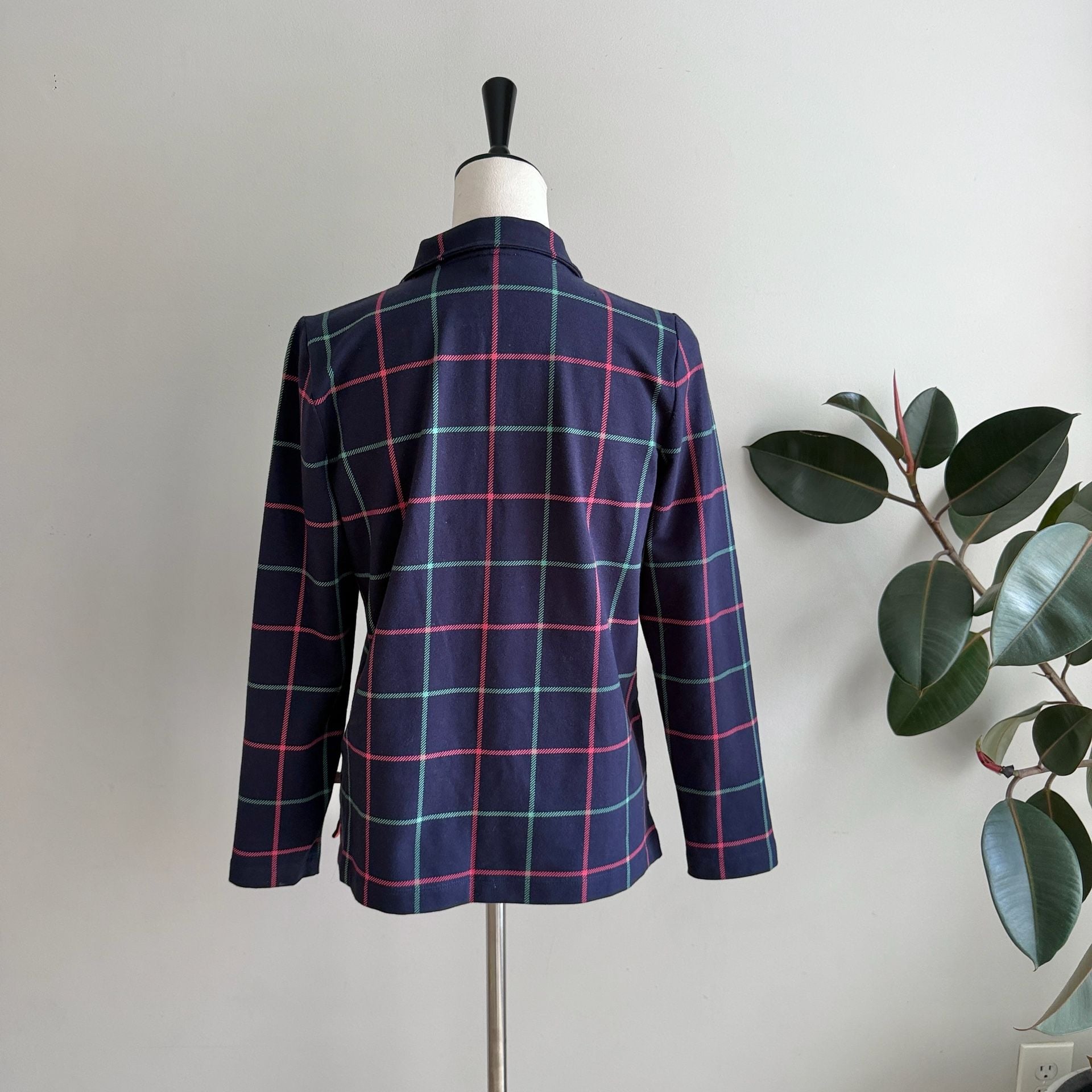T by Talbots Navy Blue Windowpane Plaid Quarter Zip Pullover 6