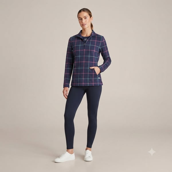 T by Talbots Navy Blue Windowpane Plaid Quarter Zip Pullover