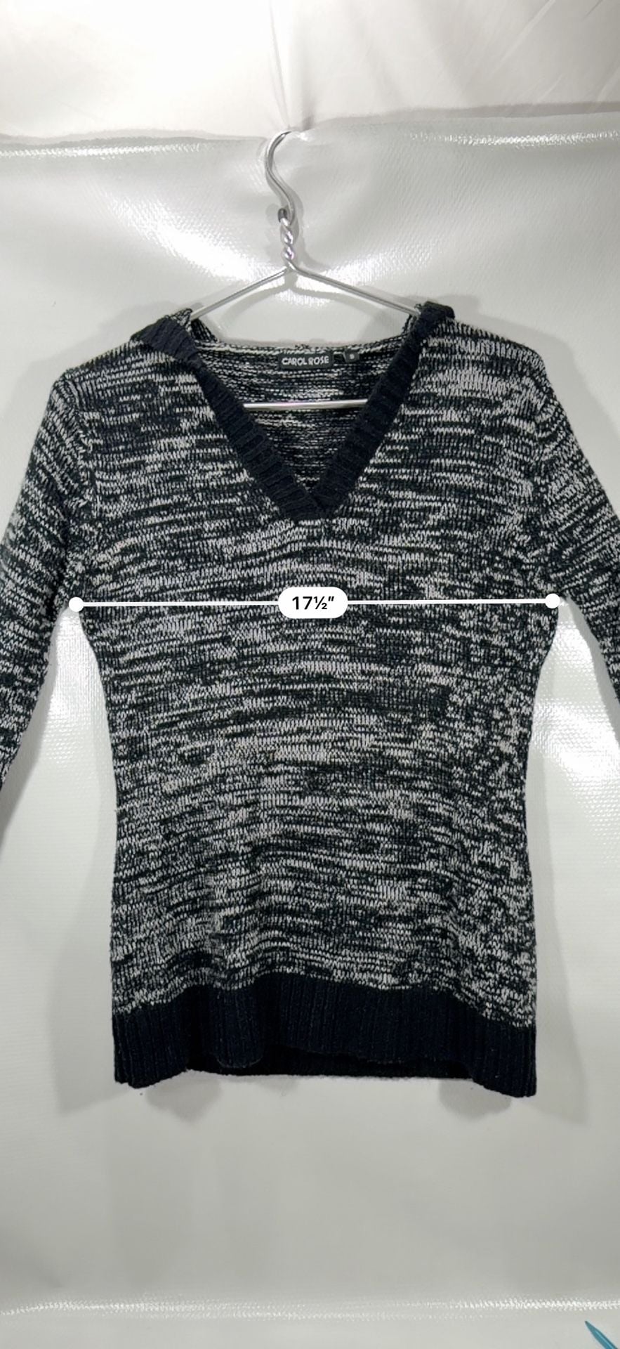 Carol Rose Women's Marled Black and White Knit V-Neck Hoodie Sweater 7