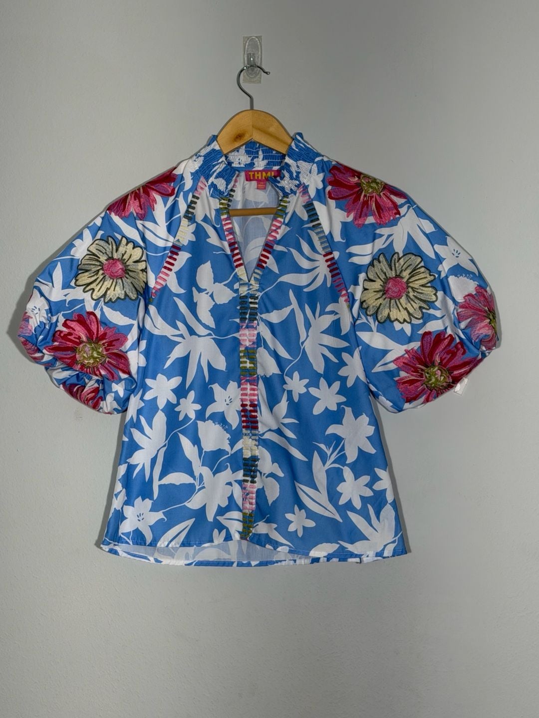 THML Blue Puff Sleeve Embroidered Floral Print Top 2