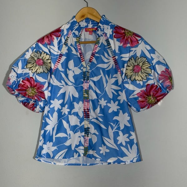THML Blue Puff Sleeve Embroidered Floral Print Top
