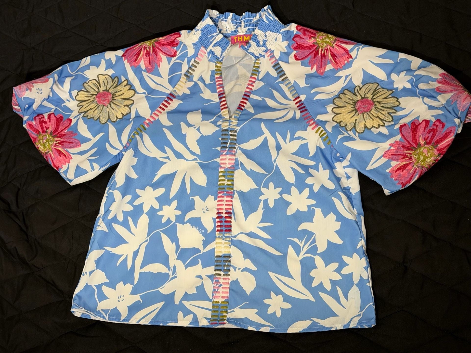 THML Blue Puff Sleeve Embroidered Floral Print Top 4