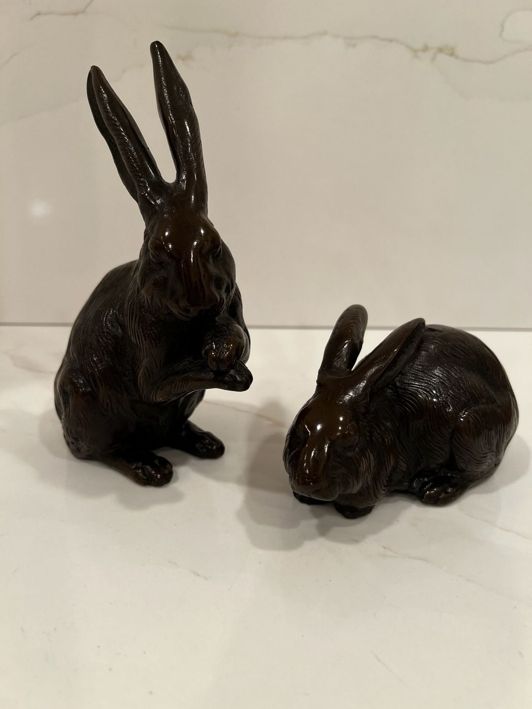Vintage Japanese Hand-Cast Bronze Rabbit Figurines, Pair 1