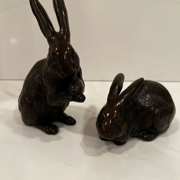 Vintage Japanese Hand-Cast Bronze Rabbit Figurines, Pair