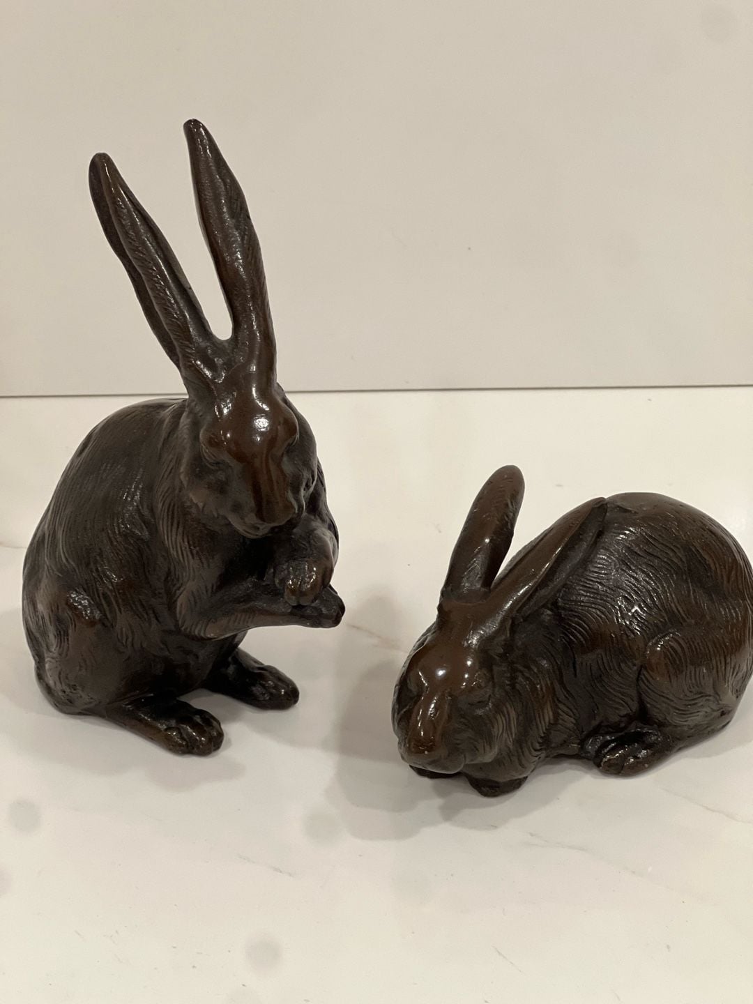 Vintage Japanese Hand-Cast Bronze Rabbit Figurines, Pair 2