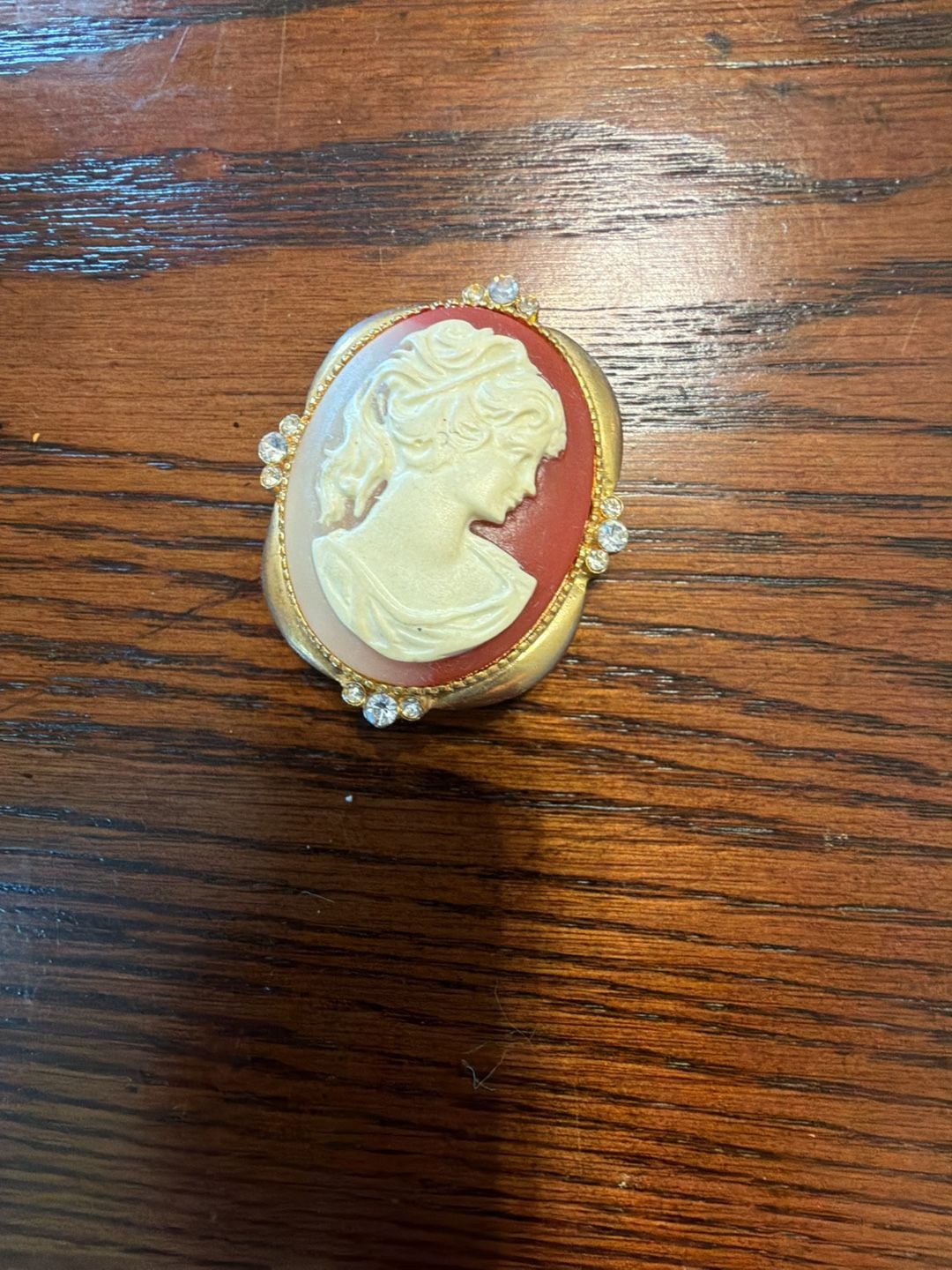 Vintage Lady Portrait Cameo Scarf Clip with Gold Tone and Rhinestone Accents 1
