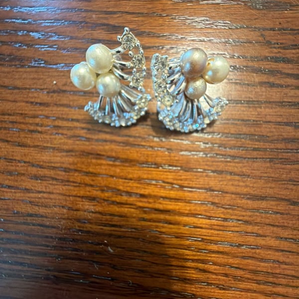 Vintage Mid-Century Silver Tone Faux Pearl and Rhinestone Screw-Back Earrings