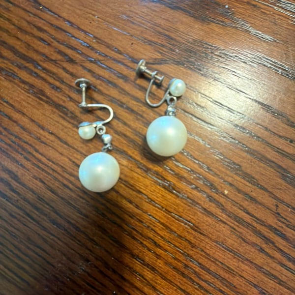 Vintage Silver Tone Faux Pearl Dangle Screwback Earrings