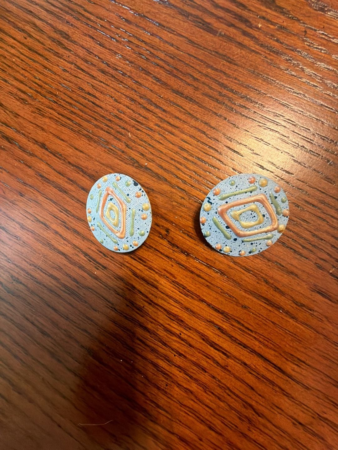 Vintage Hand-Painted Ceramic Abstract Geometric Clip-On Earrings 2