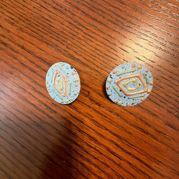 Vintage Hand-Painted Ceramic Abstract Geometric Clip-On Earrings