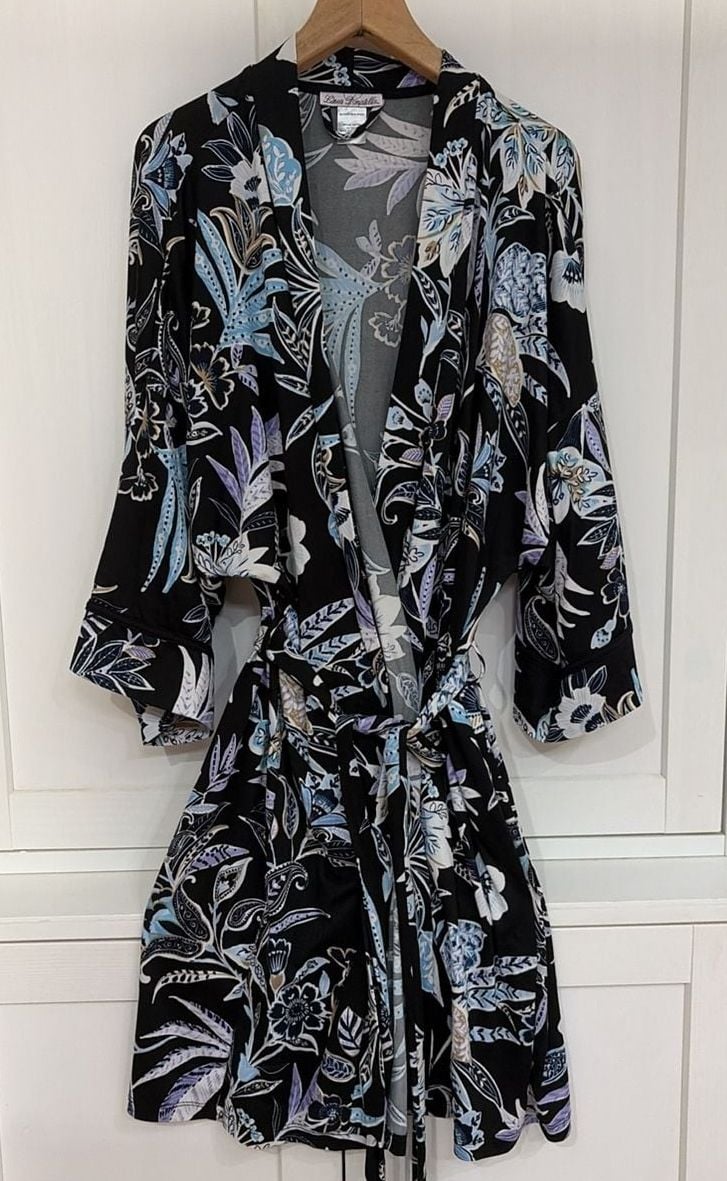 Linea Donatella Floral Print Short Robe Style FBT130 Black Size L/XL 2