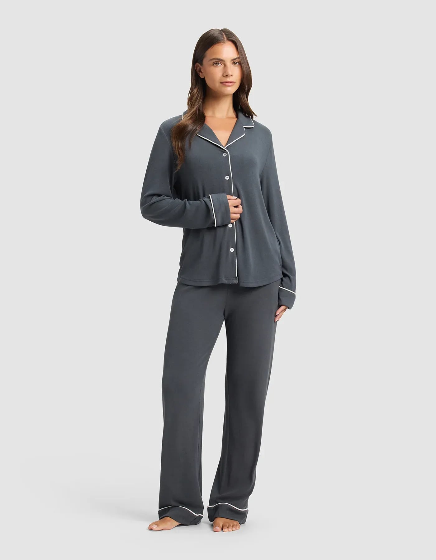Cozy Earth Women's Bamboo Rib Knit Classic Pajama Set, Graphite 1