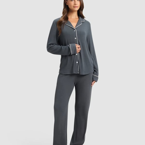 Cozy Earth Women's Bamboo Rib Knit Classic Pajama Set, Graphite