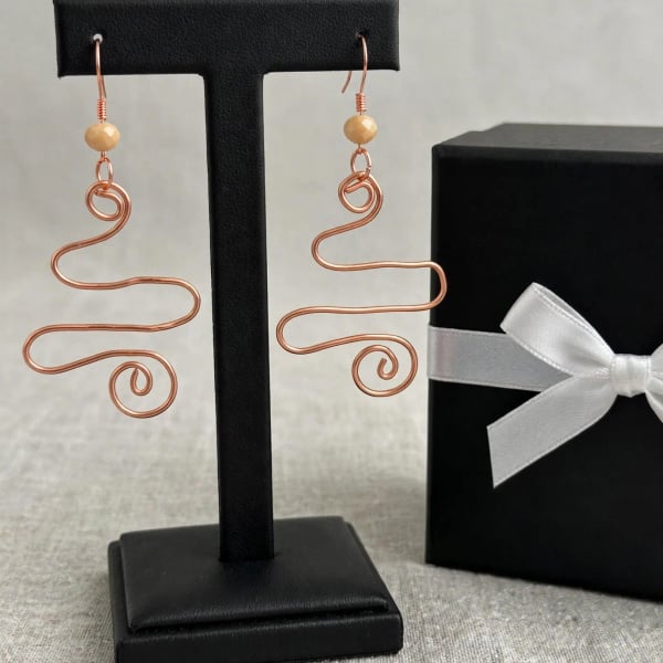 Handmade Abstract Copper Wire Wrapped Swirl Dangle Earrings with Peach Beads