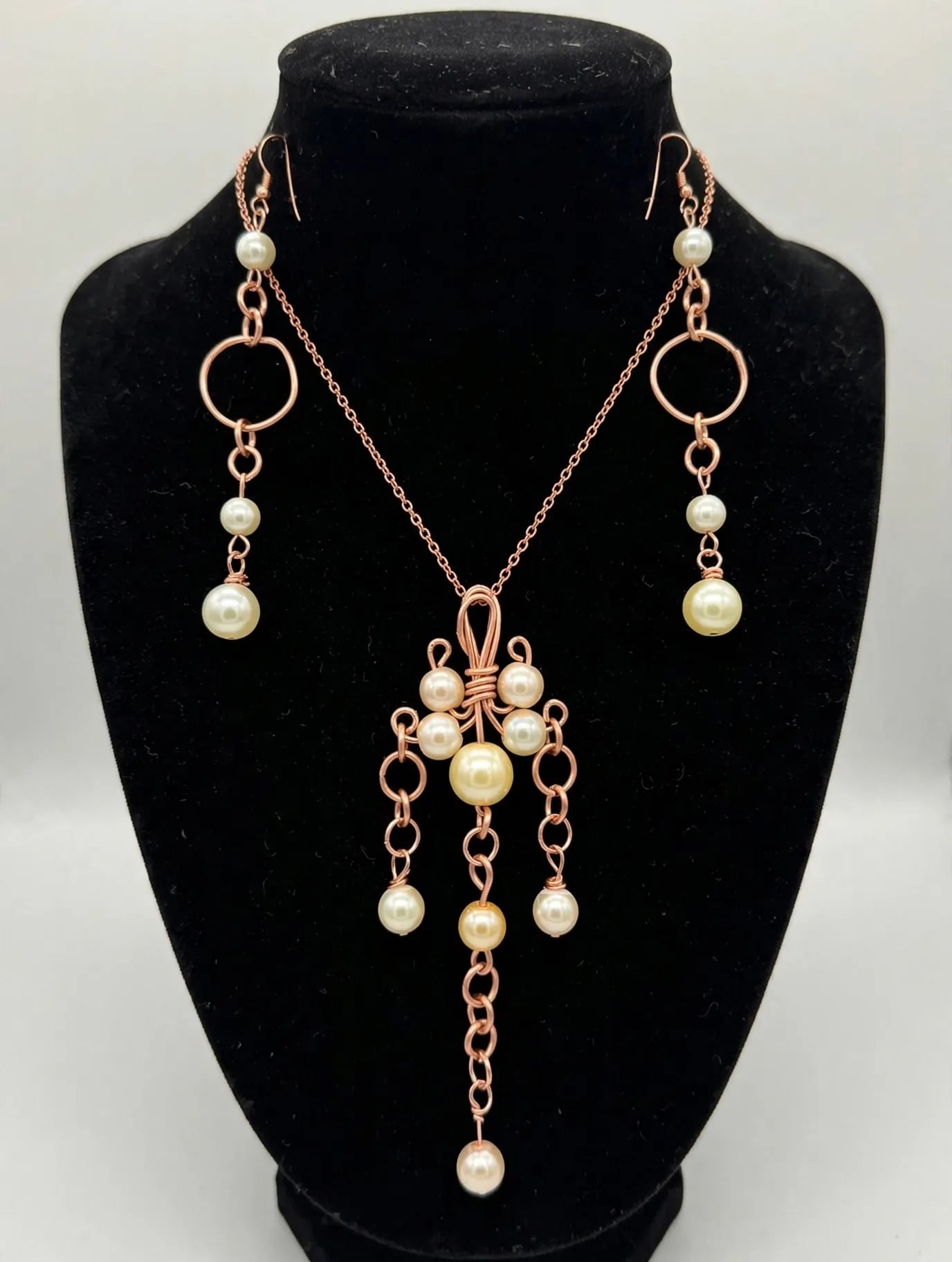 Hand Formed Copper Wire Swirls With Peach Crystal Bicone Beads - , 2