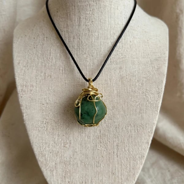Wire Wrapped Green Aventurine Nugget Pendant Necklace
