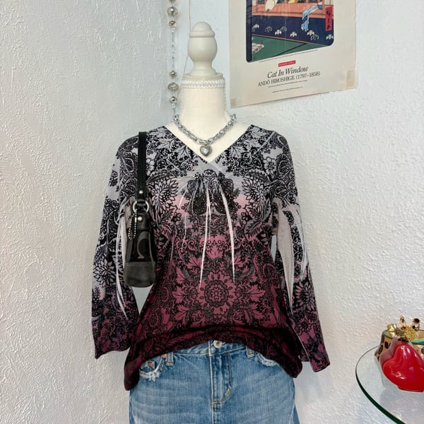Chico's Women's V-Neck 3/4 Sleeve Embellished Ombré Mandala Print Blouse