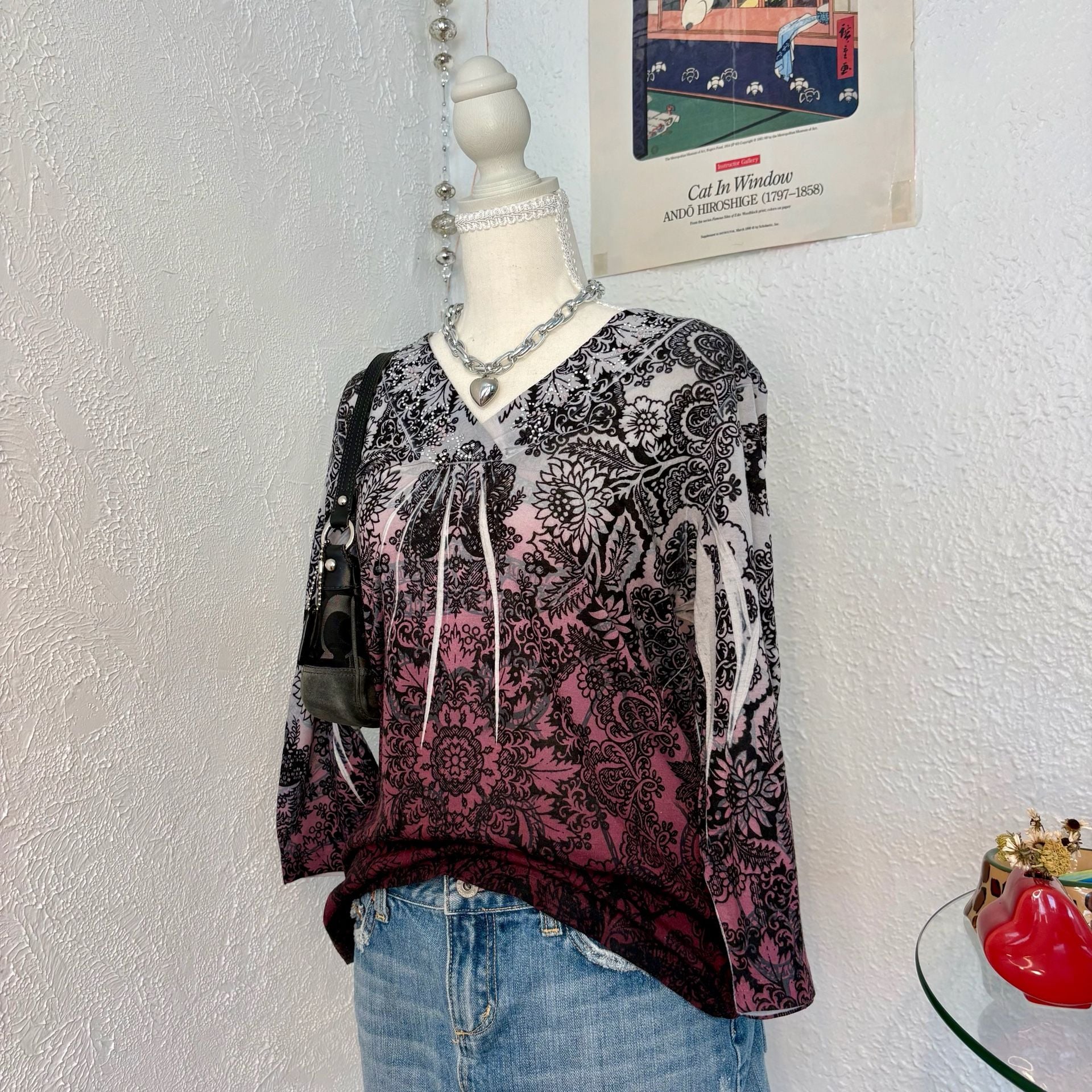 Chico's Women's V-Neck 3/4 Sleeve Embellished Ombré Mandala Print Blouse 3
