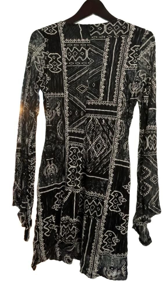 VENUS Black & White Tribal Gypsy Fairy Embroidered Print Long Sleeve Mini Dress 3