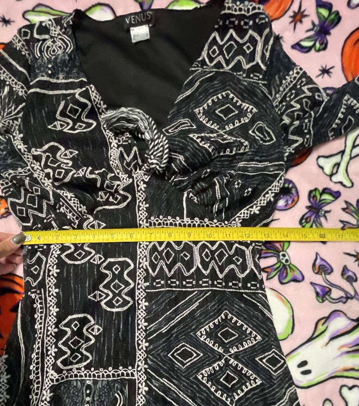 VENUS Black & White Tribal Gypsy Fairy Embroidered Print Long Sleeve Mini Dress 8