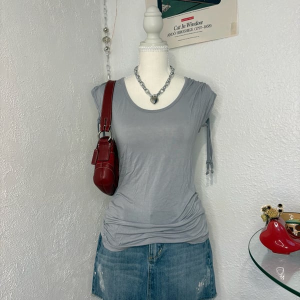 One Step Up Gray Short Sleeve Ruched Top with Lace Back Detail