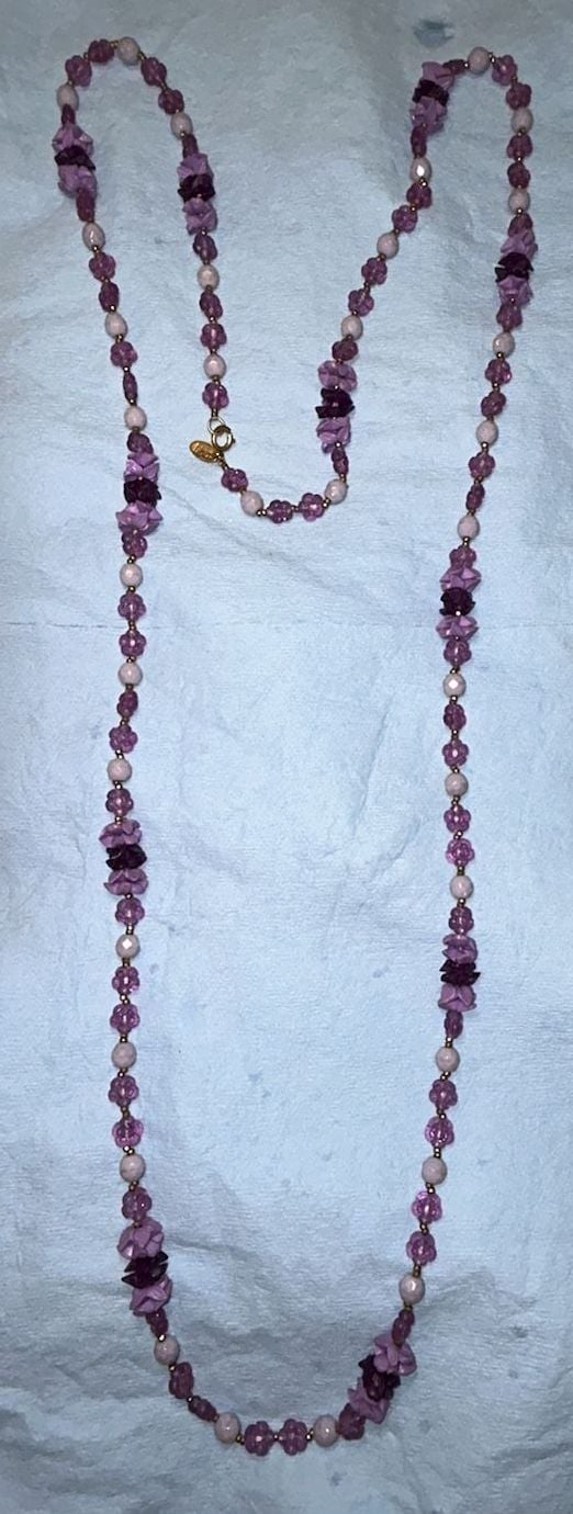 Vintage Miriam Haskell Purple Floral Glass and Lucite Bead Long Necklace 2
