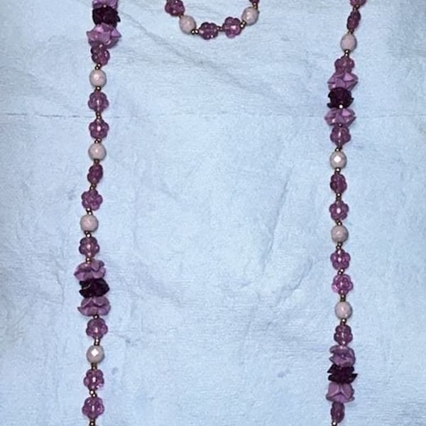 Vintage Miriam Haskell Purple Floral Glass and Lucite Bead Long Necklace