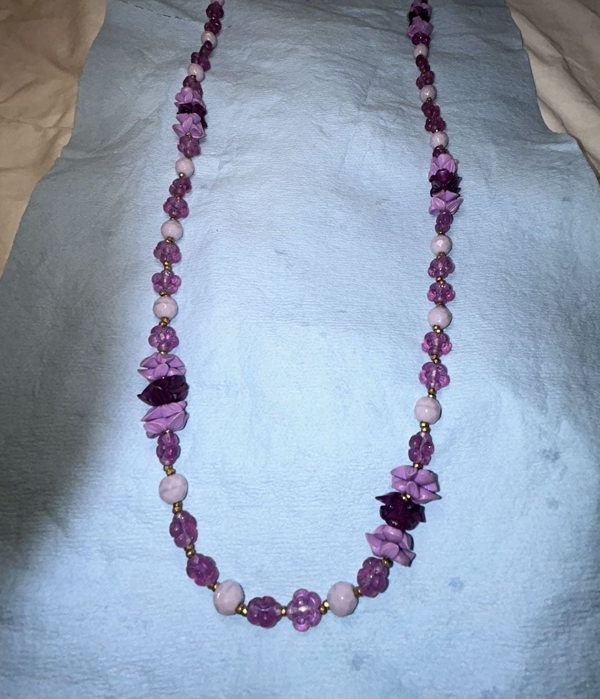 Vintage Miriam Haskell Purple Floral Glass and Lucite Bead Long Necklace 3
