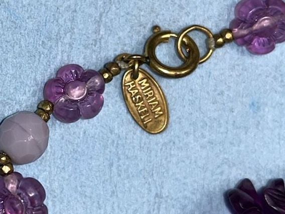 Vintage Miriam Haskell Purple Floral Glass and Lucite Bead Long Necklace 4