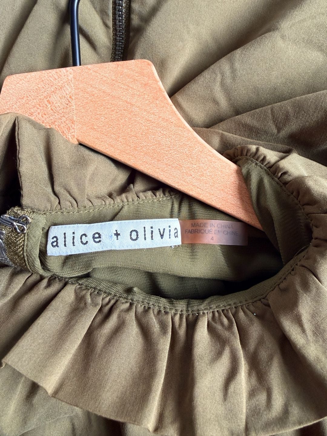 Alice + Olivia Puff Sleeve Tiered Mini Dress Size 4 Olive Ruffle Neck Boho 4