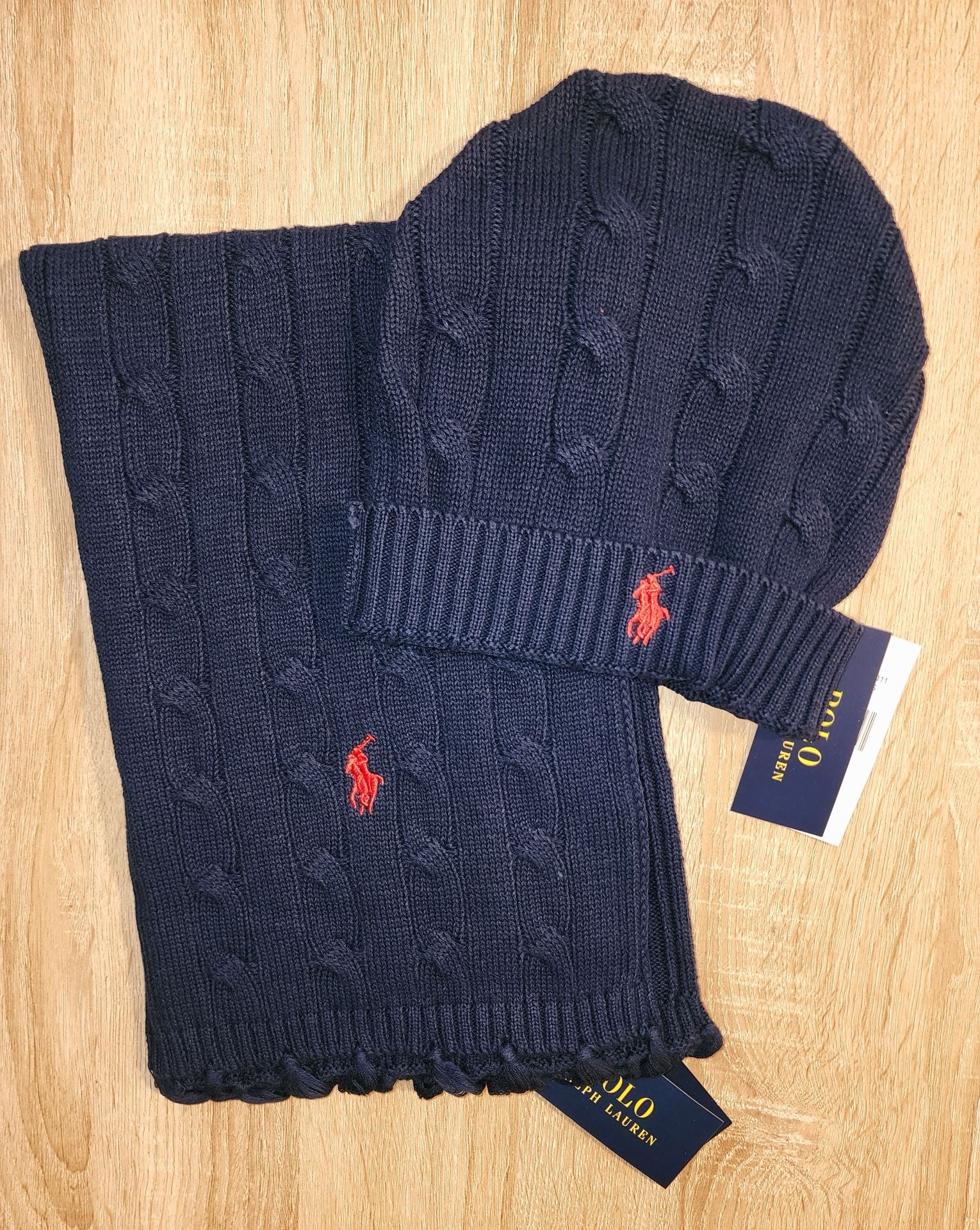 Polo Ralph Lauren Cable-Knit Hat and Scarf Set in Navy with Red Logo 1