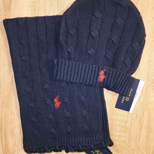 Polo Ralph Lauren Cable-Knit Hat and Scarf Set in Navy with Red Logo