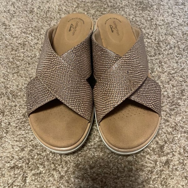 Clarks Collection Women's Metallic Gold Snake Print Wedge Sandals 9