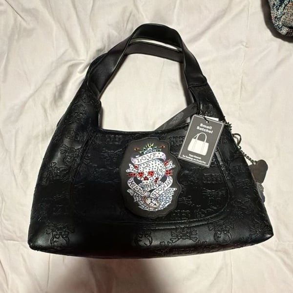 Ed Hardy Black Faux Leather Small Satchel with Skull Motif