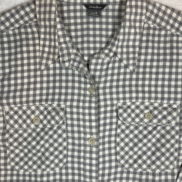 Eddie Bauer Women's Small Gray and White Gingham Button-Up Flannel Shirt