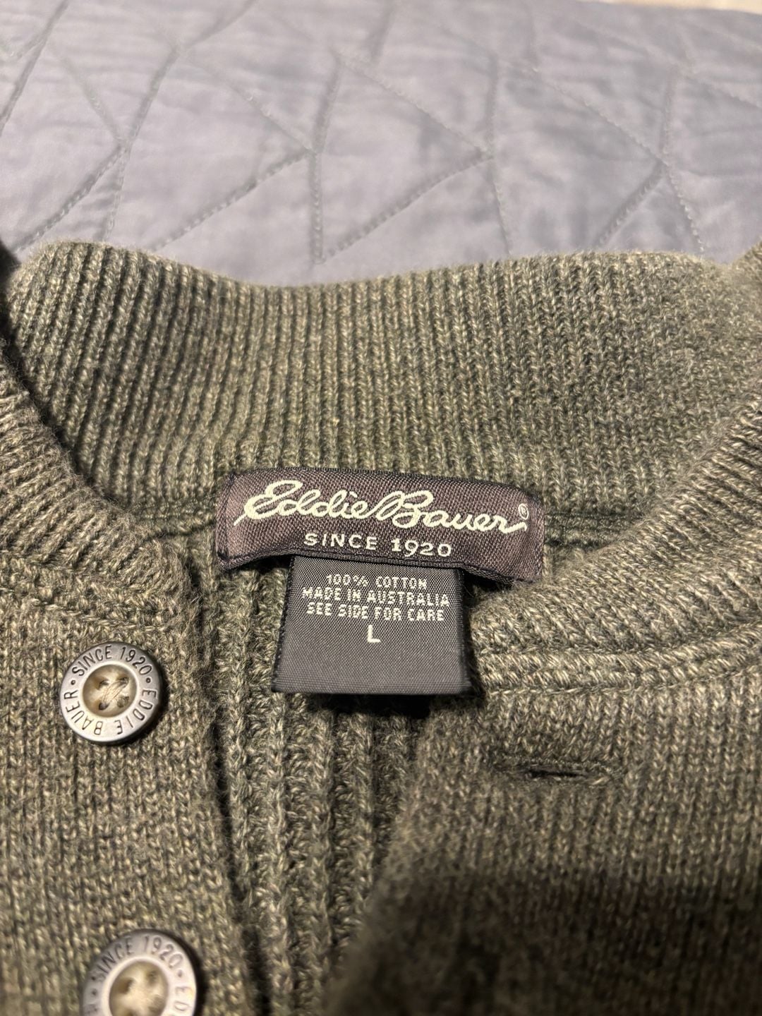 Eddie Bauer Mens Henley Sweater Olive Green 4 Button 100% Cotton Size L 3