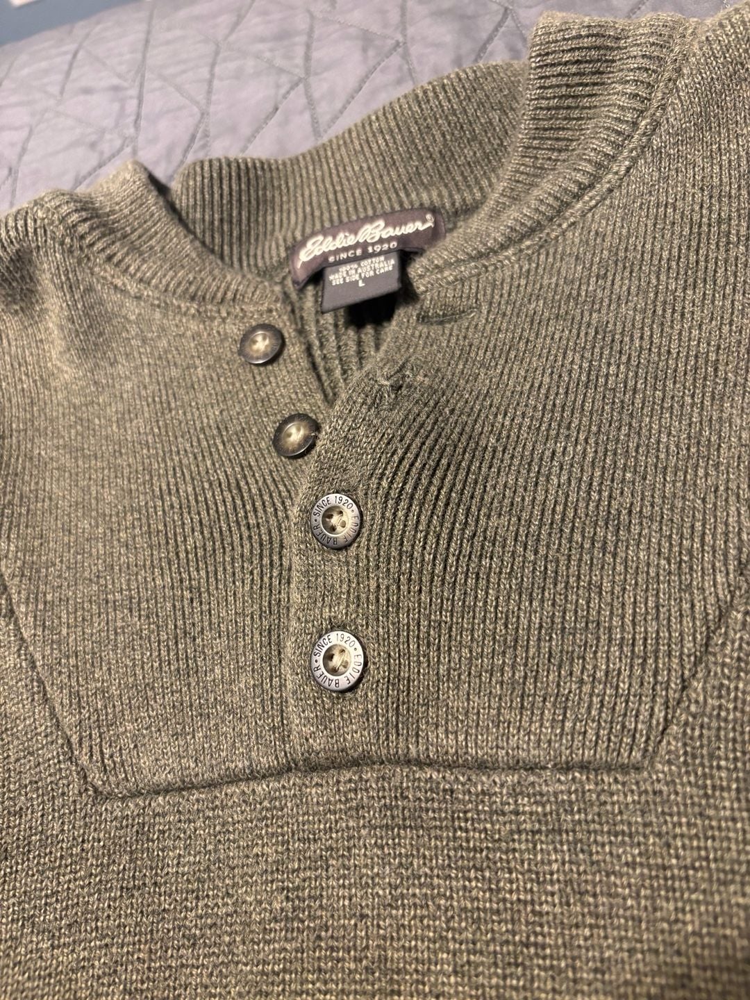 Eddie Bauer Mens Henley Sweater Olive Green 4 Button 100% Cotton Size L 4