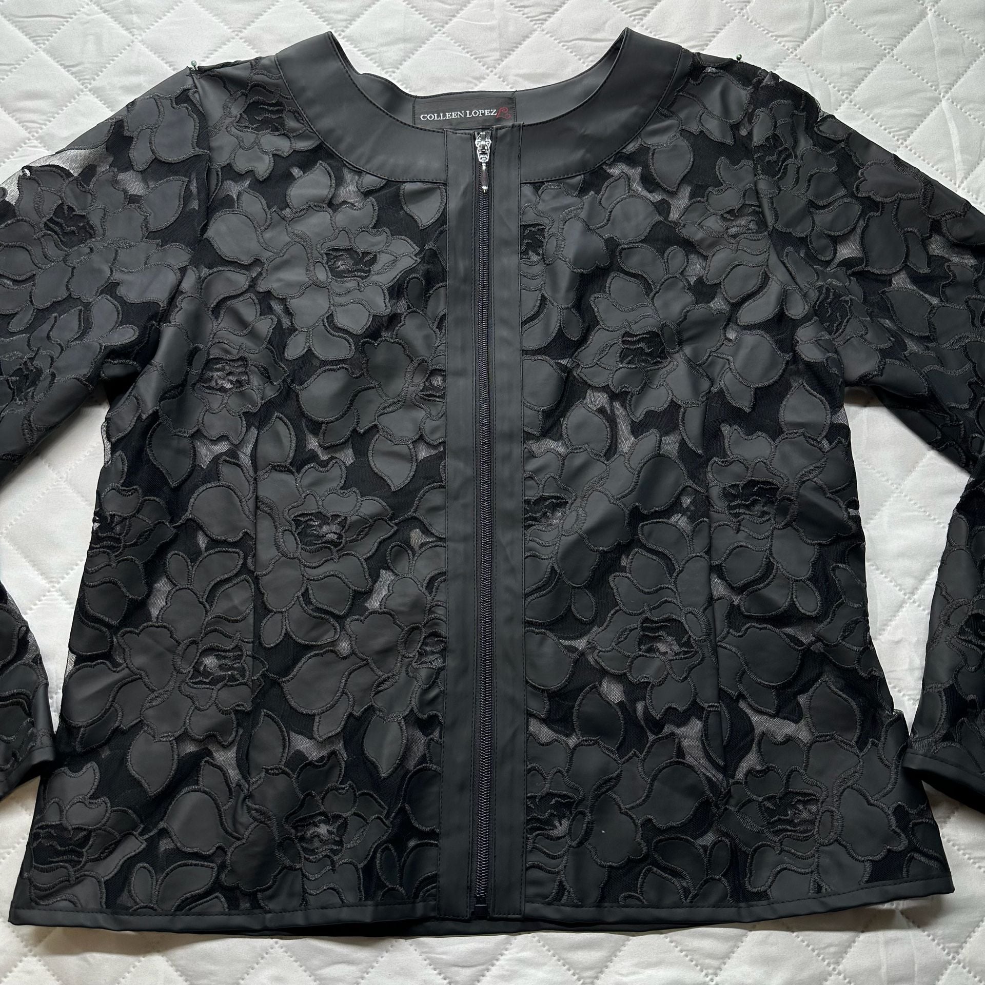 Colleen Lopez Black Floral Lace Mesh Zip-Up Jacket 3