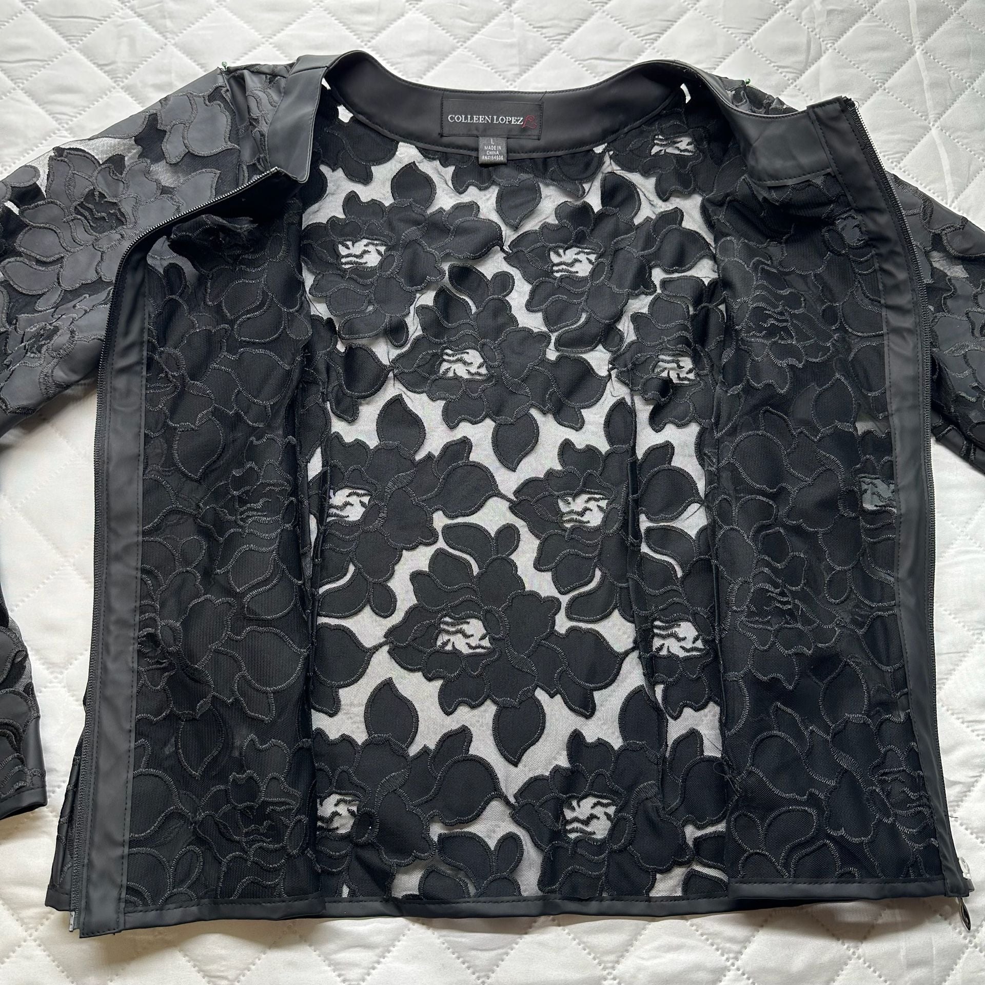 Colleen Lopez Black Floral Lace Mesh Zip-Up Jacket 11