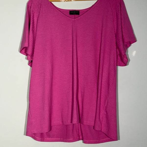 Lane Bryant Fuchsia Pink Ribbed V-Neck Flutter Sleeve Top