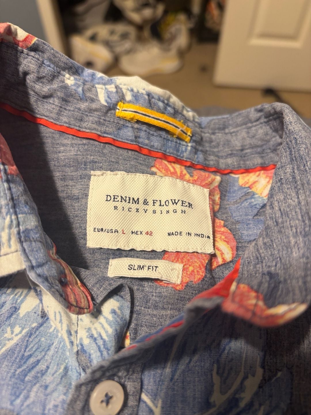 Denim & Flower Ricky Singh Mens L Tropical Parrot Toucan Hawaiian Shirt Slim Fit 3