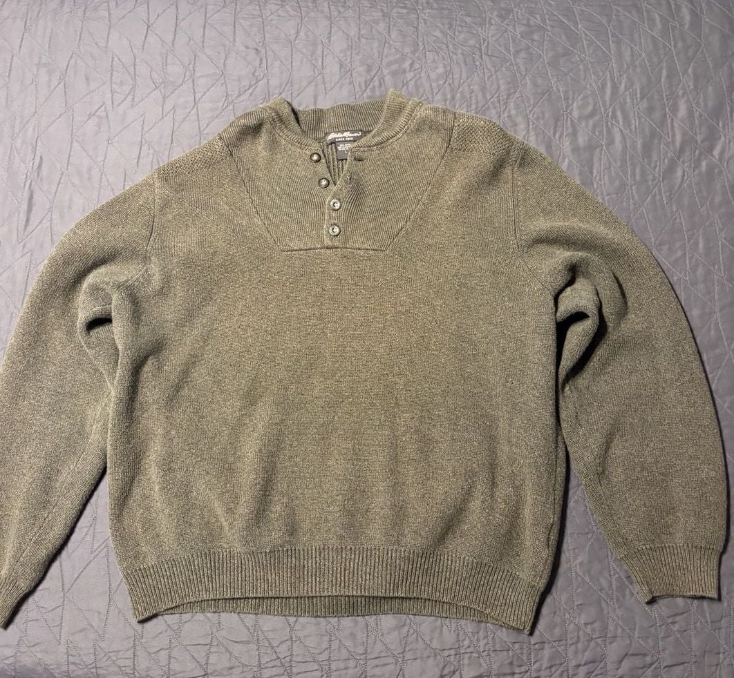 Eddie Bauer Mens Henley Sweater Olive Green 4 Button 100% Cotton Size L 2
