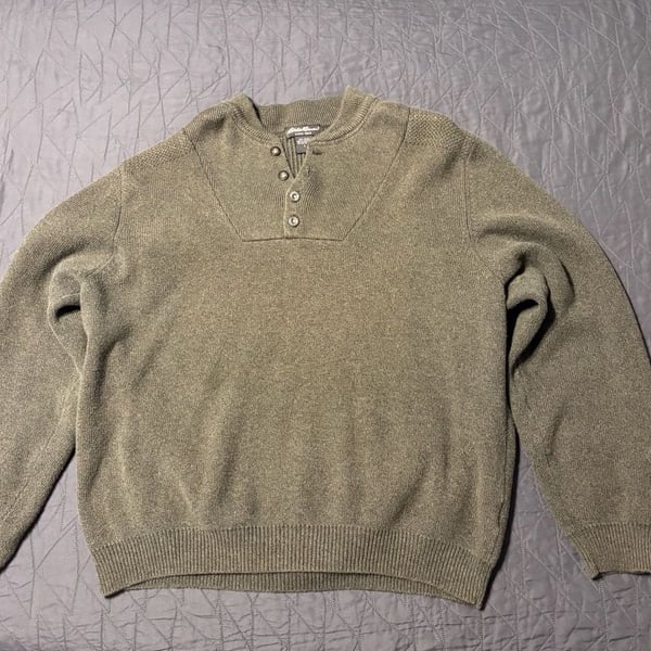 Eddie Bauer Mens Henley Sweater Olive Green 4 Button 100% Cotton Size L