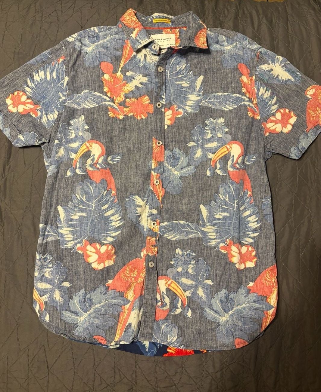 Denim & Flower Ricky Singh Mens L Tropical Parrot Toucan Hawaiian Shirt Slim Fit 2