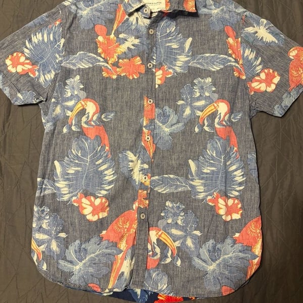 Denim & Flower Ricky Singh Mens L Tropical Parrot Toucan Hawaiian Shirt Slim Fit