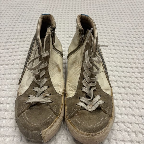 Golden Goose Slide High-Top Sneakers White Leather and Grey Suede with Side Zip